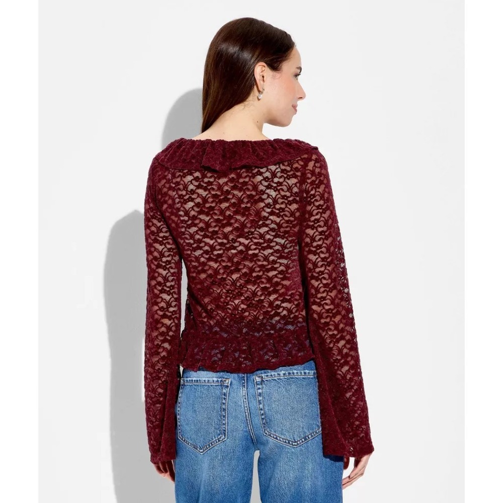 Women's Long Sleeve V-Neck Flyaway Brushed Lace Top Burgundy, Medium - Picture 3 of 3